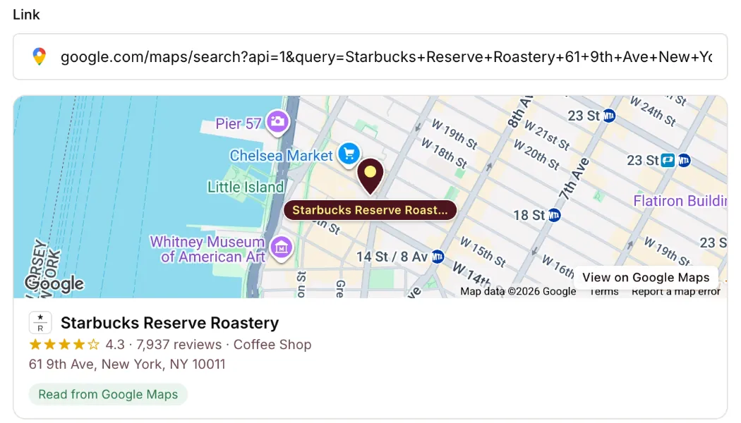 Starbucks Reserve Roastery New York read from Google Maps: a map with its pin, 4.3 stars from 7,937 reviews, coffee shop, 61 9th Ave.