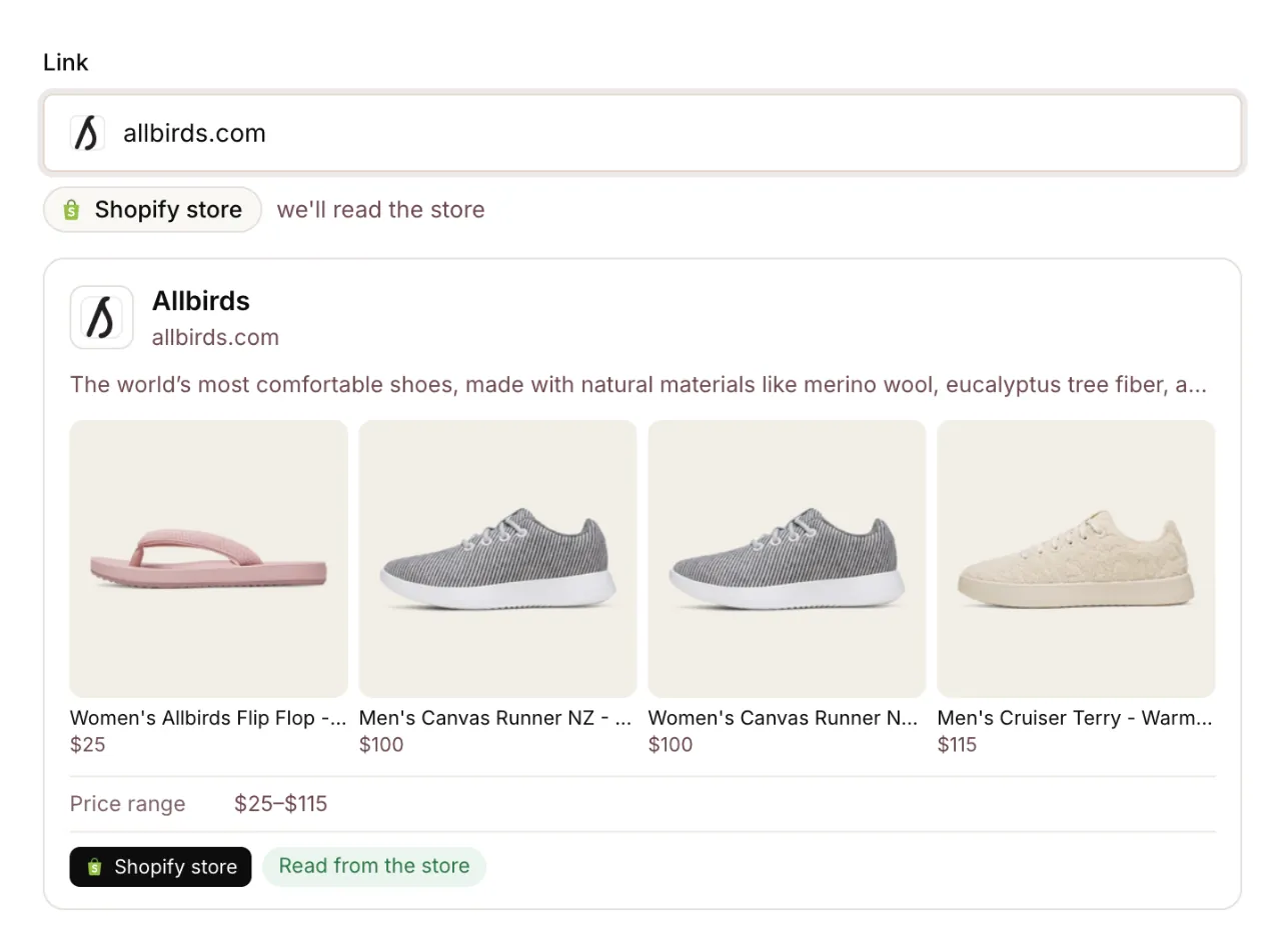 allbirds.com read as a Shopify store: logo, description, four products with prices and a $25 to $115 price range.