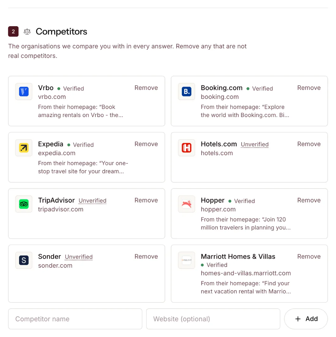 Airbnb's verified competitors, each with a quote from its own homepage.